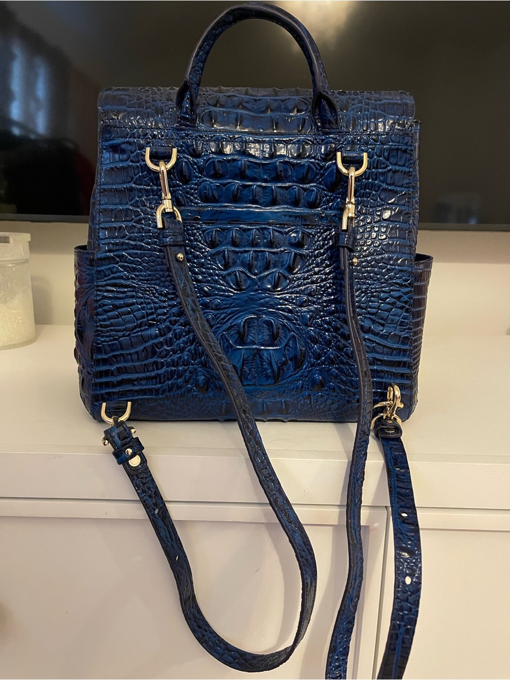 Brahmin Navy Croc-Embossed Leather Backpack with Gold Hardware - Picture 4 of 7